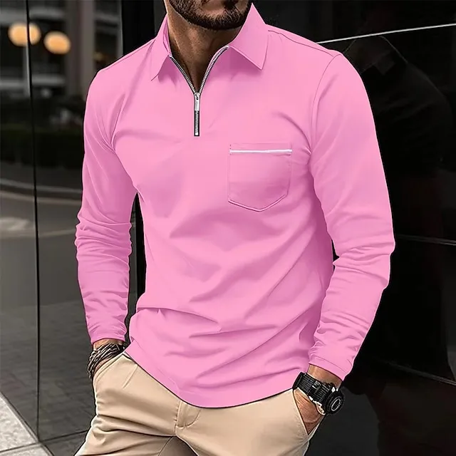 Men’s Zip Polo Polo Shirt Outdoor Casual Lapel Quarter Zip Long Sleeve Fashion Basic Solid / Plain Color Quarter Zip Spring & Fall Regular Fit Black White Pink Wine Dark Navy Blue Zip Polo 1d79ffaa721aa13c4ec098858e2e0434