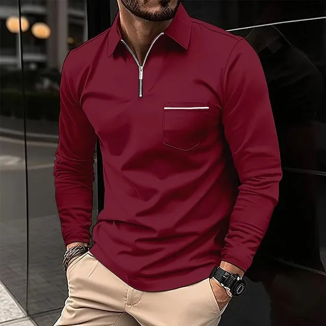 Men’s Zip Polo Polo Shirt Outdoor Casual Lapel Quarter Zip Long Sleeve Fashion Basic Solid / Plain Color Quarter Zip Spring & Fall Regular Fit Black White Pink Wine Dark Navy Blue Zip Polo be418ede012b5b85324184baa29c8013