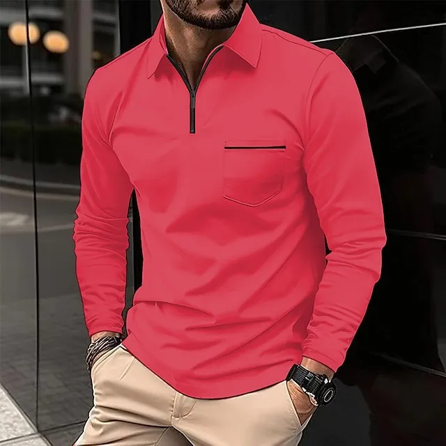 Men’s Zip Polo Polo Shirt Outdoor Casual Lapel Quarter Zip Long Sleeve Fashion Basic Solid / Plain Color Quarter Zip Spring & Fall Regular Fit Black White Pink Wine Dark Navy Blue Zip Polo d2b42b7401f6a09ee5492725a5744c5d