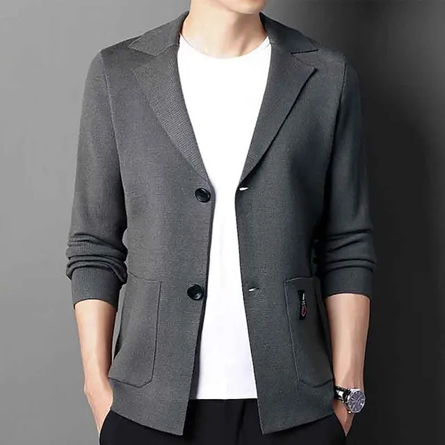 Men’s Cardigan Sweater Ribbed Knit Regular Knitted Plain Lapel Warm Ups Modern Contemporary Daily Wear Going out Clothing Apparel Fall Winter Black Camel S M L 5ef60321e9807a3d4080021279ddf0f7