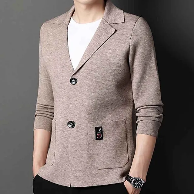 Men’s Cardigan Sweater Ribbed Knit Regular Knitted Plain Lapel Warm Ups Modern Contemporary Daily Wear Going out Clothing Apparel Fall Winter Black Camel S M L a12ad4ef46cc206ba88fecf52ae37133