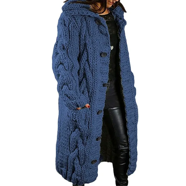 Women’s Cardigan Sweater Hooded Cable Knit Acrylic Button Pocket Fall Winter Long Outdoor Going out Weekend Stylish Casual Soft Long Sleeve Pure Color Red Brown Black Light Green S M L 812f07a44319f289afc83e31e591b018