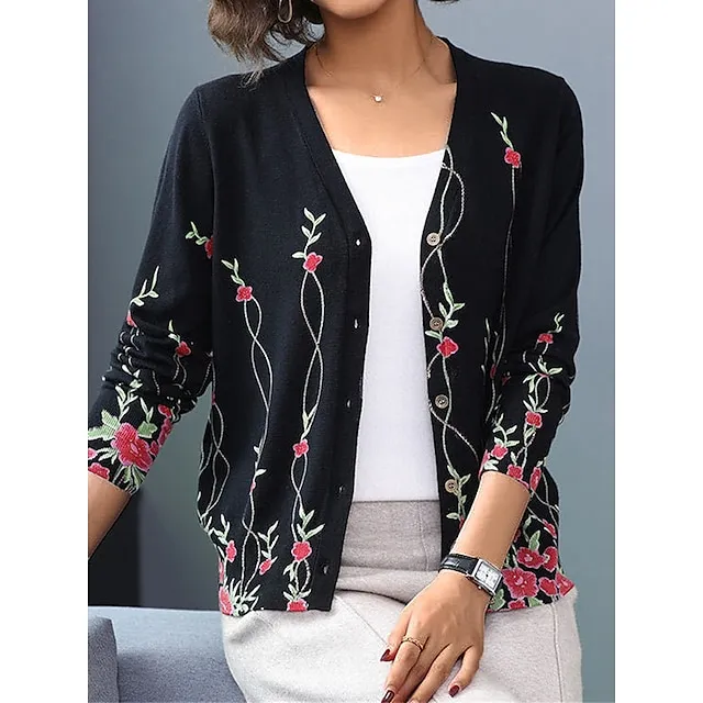 Women's Cardigan Sweater V Neck Ribbed Knit Polyester Button Print Fall Winter Outdoor Daily Holiday Stylish Casual Soft Long Sleeve Animal Floral Rose black Chain black Rose navy blue S M L