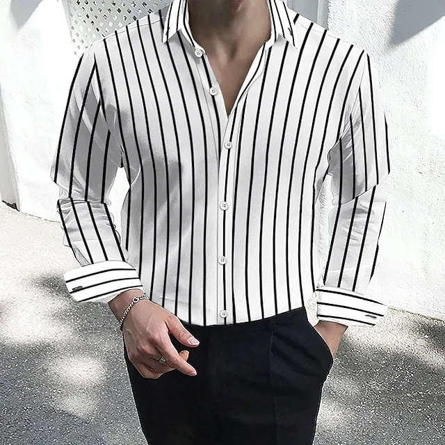 Men’s Dress Shirt Button Down Shirt Collared Shirt Black White Red Long Sleeve Striped Collar Wedding Work Clothing Apparel 998feb294e98f609722d3f990de4a8ac