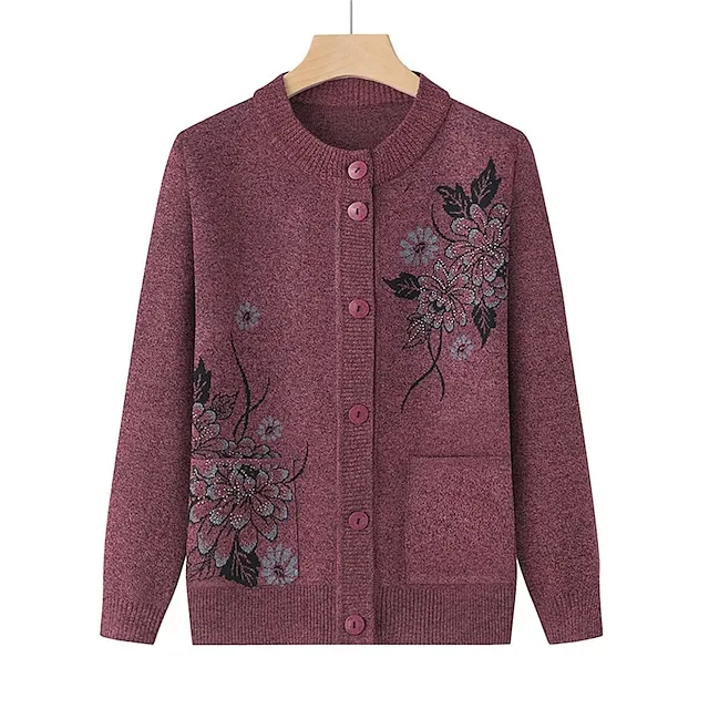 Women's Cardigan Sweater Crew Neck Ribbed Knit Polyester Button Pocket Fall Winter Outdoor Holiday Going out Stylish Casual Soft Long Sleeve Floral claret Grass Green Leather Pink XL 2XL 3XL