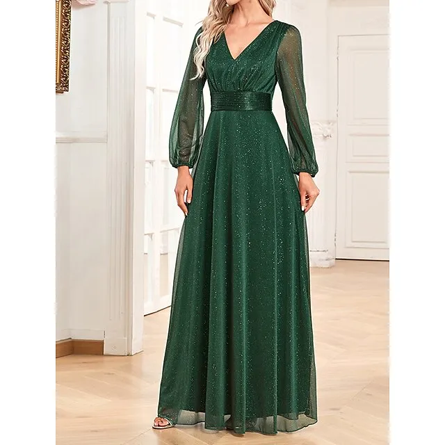 Women‘s Christmas Prom Dress Party Dress Wedding Guest Dress Long Dress Maxi Dress Dark Green Long Sleeve Pure Color Patchwork Fall Winter Autumn V Neck Fashion Birthday Evening Party Wedding Guest