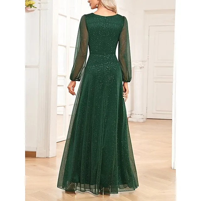 Women‘s Christmas Prom Dress Party Dress Wedding Guest Dress Long Dress Maxi Dress Dark Green Long Sleeve Pure Color Patchwork Fall Winter Autumn V Neck Fashion Birthday Evening Party Wedding Guest 5ef7f6552035760af2e6a05aa5b198ea