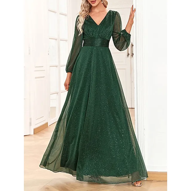 Women‘s Christmas Prom Dress Party Dress Wedding Guest Dress Long Dress Maxi Dress Dark Green Long Sleeve Pure Color Patchwork Fall Winter Autumn V Neck Fashion Birthday Evening Party Wedding Guest ccd135c79dc4906de786541bfd077ddd