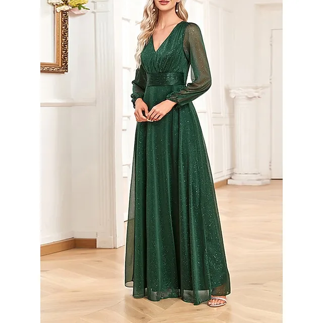 Women‘s Christmas Prom Dress Party Dress Wedding Guest Dress Long Dress Maxi Dress Dark Green Long Sleeve Pure Color Patchwork Fall Winter Autumn V Neck Fashion Birthday Evening Party Wedding Guest f2a8ad9aab4c4899329475a0420bf4f0