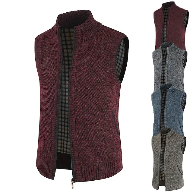 Men's Sweater Sweater Vest Cardigan Sweater Ribbed Knit Regular Knitted Plain Stand Collar Warm Ups Modern Contemporary Daily Wear Going out Clothing Apparel Winter Wine Red Black S M L