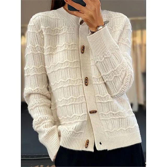 Women’s Cardigan Sweater Crew Neck Ribbed Knit Rayon Button Fall Winter Short Daily Going out Weekend Stylish Casual Soft Long Sleeve Solid Color Camel Green Beige One-Size 5e5e6109b580febffe7839170225904d