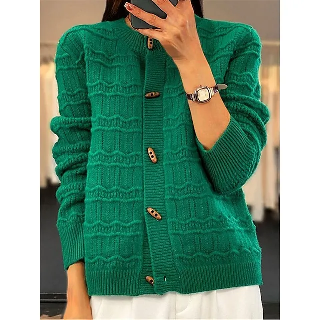 Women’s Cardigan Sweater Crew Neck Ribbed Knit Rayon Button Fall Winter Short Daily Going out Weekend Stylish Casual Soft Long Sleeve Solid Color Camel Green Beige One-Size b7b7d3ed95150aaedf6ee382455bb974