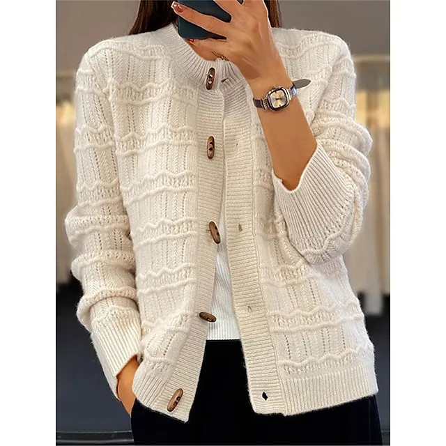 Women’s Cardigan Sweater Crew Neck Ribbed Knit Rayon Button Fall Winter Short Daily Going out Weekend Stylish Casual Soft Long Sleeve Solid Color Camel Green Beige One-Size feb9673f2de6fa64ba2c110242c1f19e