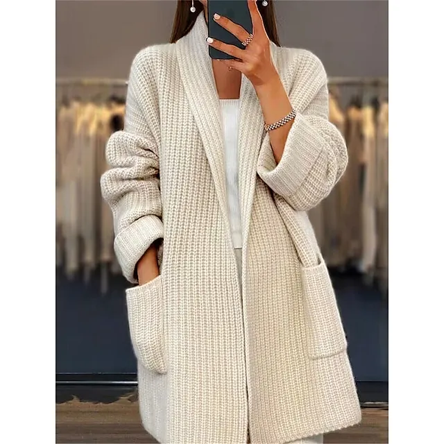 Women's Cardigan Sweater Open Front Ribbed Knit Acrylic Pocket Fall Winter Long Valentine's Day Daily Going out Stylish Casual Soft Long Sleeve Solid Color Pink Camel Beige S M L