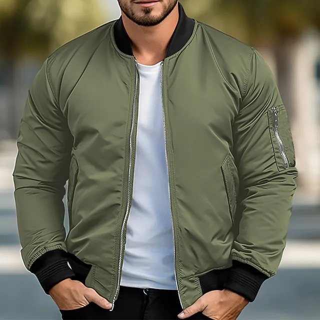Men’s Bomber Jacket Varsity Jacket Sport Coat Outdoor Sports Warm Pocket Fall Winter Plain Fashion Streetwear Stand Collar Regular Ocean Blue Red & White Green Khaki Jacket 1881dd43c5f9aacb8d446c8b31eab98d