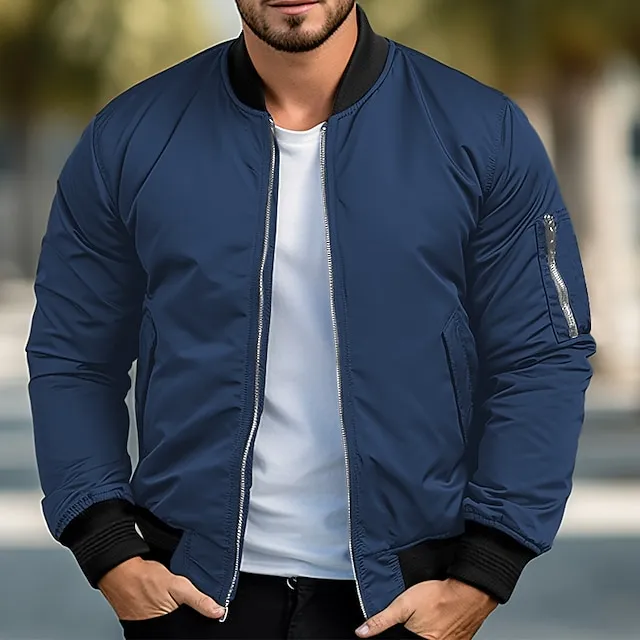 Men’s Bomber Jacket Varsity Jacket Sport Coat Outdoor Sports Warm Pocket Fall Winter Plain Fashion Streetwear Stand Collar Regular Ocean Blue Red & White Green Khaki Jacket 260f56b0c4f1a1e8d0028f2947f17571