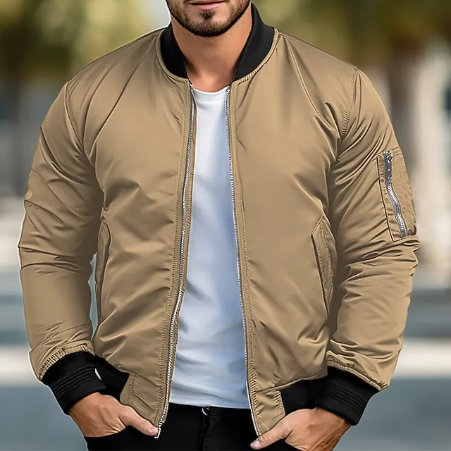 Men’s Bomber Jacket Varsity Jacket Sport Coat Outdoor Sports Warm Pocket Fall Winter Plain Fashion Streetwear Stand Collar Regular Ocean Blue Red & White Green Khaki Jacket 69beab86becf8c8a5cb5119d1fbf6055