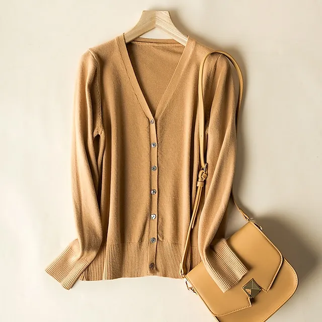 Women's Cardigan Sweater V Neck Ribbed Knit Polyester Button Fall Winter Short Daily Going out Weekend Stylish Casual Soft Long Sleeve Solid Color Haze blue Black White S M L