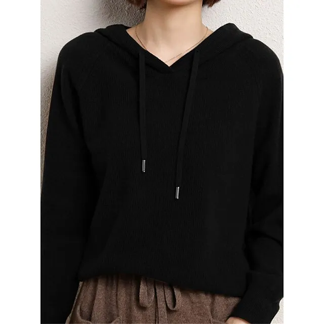 Women’s Pullover Sweater Jumper Hooded Ribbed Knit Wool Oversized Fall Winter Regular Outdoor Daily Going out Stylish Casual Soft Long Sleeve Solid Color Black Camel Purple S M L 07641c39075b973195004e357ebef5d4
