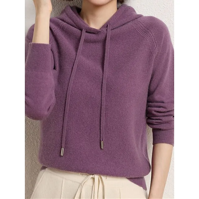 Women’s Pullover Sweater Jumper Hooded Ribbed Knit Wool Oversized Fall Winter Regular Outdoor Daily Going out Stylish Casual Soft Long Sleeve Solid Color Black Camel Purple S M L 2048482a129361d85b523a40663ef49a