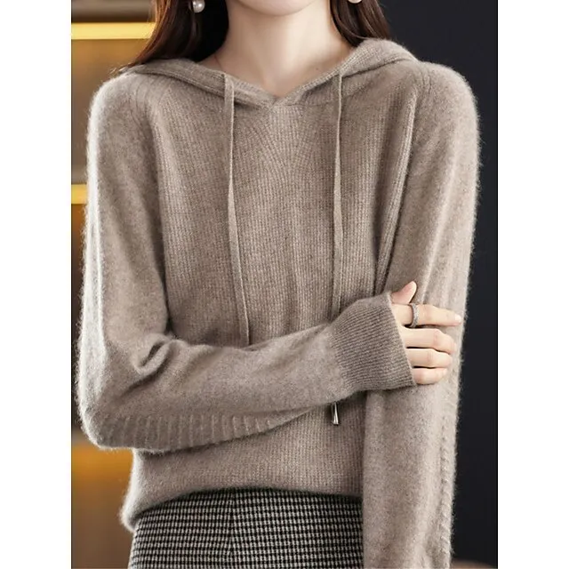 Women’s Pullover Sweater Jumper Hooded Ribbed Knit Wool Oversized Fall Winter Regular Outdoor Daily Going out Stylish Casual Soft Long Sleeve Solid Color Black Camel Purple S M L 979cb8144bfb26126d82b1e2bd4ff3ff