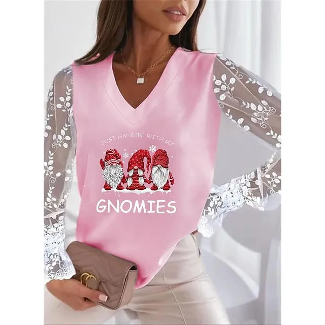 Women’s T shirt Tee Christmas Shirt Mesh Graphic Casual Weekend Flare Cuff Sleeve White Pink Patchwork Lace Trims Long Sleeve Christmas V Neck Regular Fit Spring & Fall Cross-Seasons Fall & Winter 18560b63ce52e1c71342c45506703965