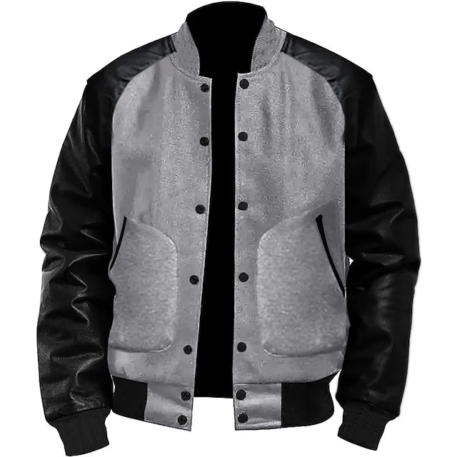 Men's Bomber Jacket Varsity Jacket Outdoor Daily Wear Leather Sleeved Spring & Fall Plain Fashion Streetwear Stand Collar Short Black White Light Grey Dark Gray Jacket