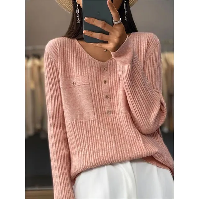 Women's Pullover Sweater Jumper V Neck Ribbed Knit Polyester Button Fall Winter Short Daily Going out Weekend Stylish Casual Soft Long Sleeve Solid Color Sakura powder Algae blue Black S M L