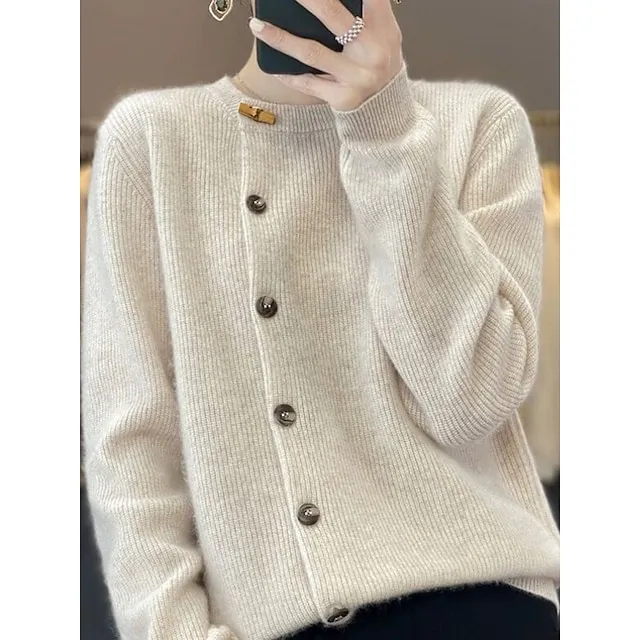 Women's Cardigan Sweater Crew Neck Ribbed Knit Polyester Patchwork Button Fall Winter Regular Daily Going out Weekend Stylish Casual Soft Long Sleeve Solid Color Black Beige Gray S M L