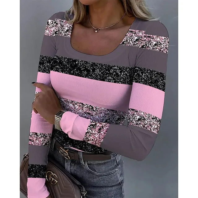 Women's T shirt Tee Color Block Daily Weekend Yellow Pink Blue Print Long Sleeve Fashion U Neck Slim Spring & Fall