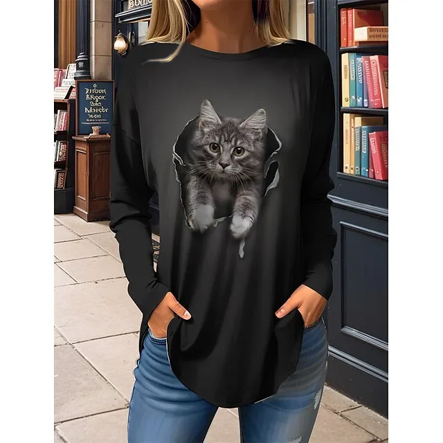 Women's T shirt Tee Cat 3D Daily Weekend Black Red Purple Print Long Sleeve Fashion Round Neck Regular Fit Spring & Fall