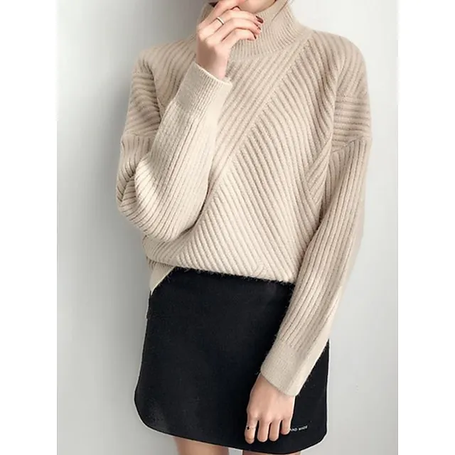 Women’s Pullover Sweater Jumper Stand Collar Ribbed Knit Spandex Yarns Patchwork Split Fall Winter Regular Outdoor Daily Going out Stylish Casual Soft Long Sleeve Solid Color Black White Yellow 38299e41dc774337ef352918d282c345