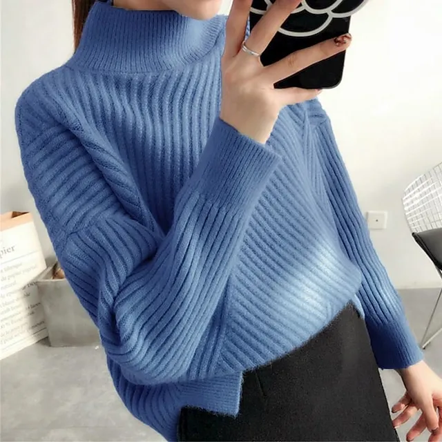 Women’s Pullover Sweater Jumper Stand Collar Ribbed Knit Spandex Yarns Patchwork Split Fall Winter Regular Outdoor Daily Going out Stylish Casual Soft Long Sleeve Solid Color Black White Yellow 421630c483e43ba838513da9bbfeb3c7