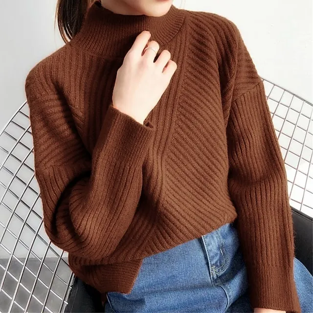 Women’s Pullover Sweater Jumper Stand Collar Ribbed Knit Spandex Yarns Patchwork Split Fall Winter Regular Outdoor Daily Going out Stylish Casual Soft Long Sleeve Solid Color Black White Yellow 4416b676f19d6c16848e452dc8f90f03