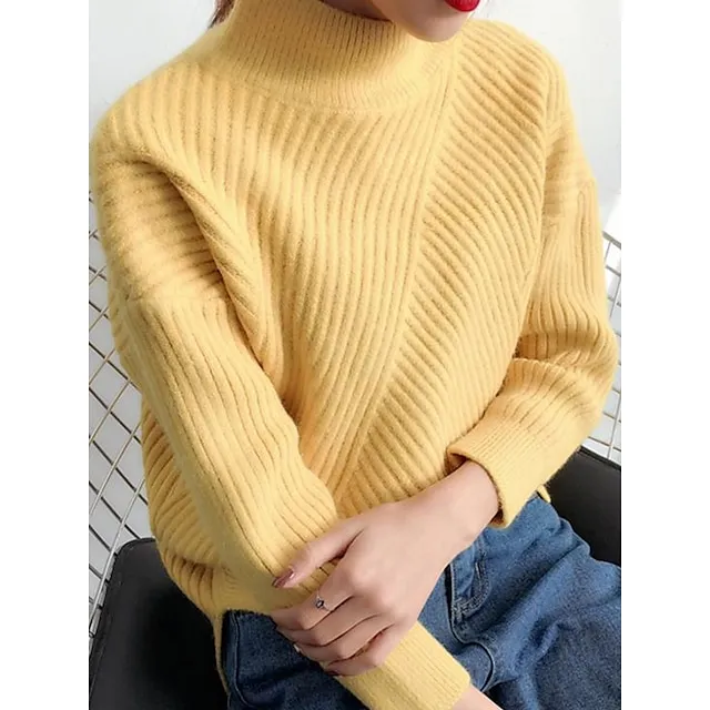 Women’s Pullover Sweater Jumper Stand Collar Ribbed Knit Spandex Yarns Patchwork Split Fall Winter Regular Outdoor Daily Going out Stylish Casual Soft Long Sleeve Solid Color Black White Yellow 578ecc12fa3be287bc1dc0fd69851708