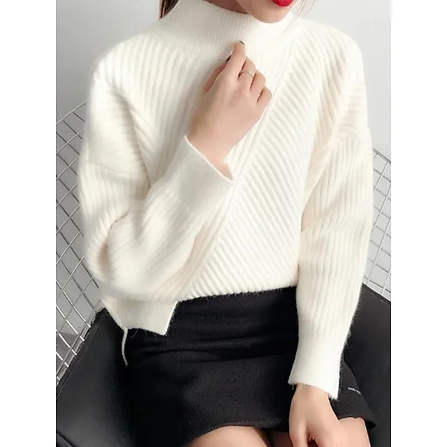 Women’s Pullover Sweater Jumper Stand Collar Ribbed Knit Spandex Yarns Patchwork Split Fall Winter Regular Outdoor Daily Going out Stylish Casual Soft Long Sleeve Solid Color Black White Yellow 7be156debed3010daad3cb78e782db78