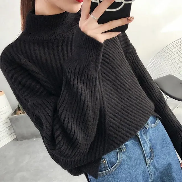 Women’s Pullover Sweater Jumper Stand Collar Ribbed Knit Spandex Yarns Patchwork Split Fall Winter Regular Outdoor Daily Going out Stylish Casual Soft Long Sleeve Solid Color Black White Yellow 858a333e440c9a3fc54b083ae3f64871