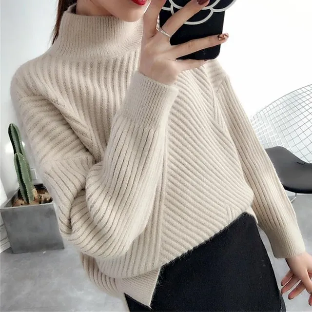 Women’s Pullover Sweater Jumper Stand Collar Ribbed Knit Spandex Yarns Patchwork Split Fall Winter Regular Outdoor Daily Going out Stylish Casual Soft Long Sleeve Solid Color Black White Yellow a49bce3dddc31374e84fce66e9de7132