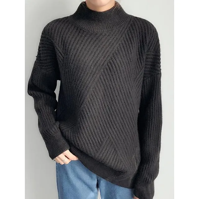 Women’s Pullover Sweater Jumper Stand Collar Ribbed Knit Spandex Yarns Patchwork Split Fall Winter Regular Outdoor Daily Going out Stylish Casual Soft Long Sleeve Solid Color Black White Yellow b20ef13e32ecec4be0b4d4f1bb0e4d54