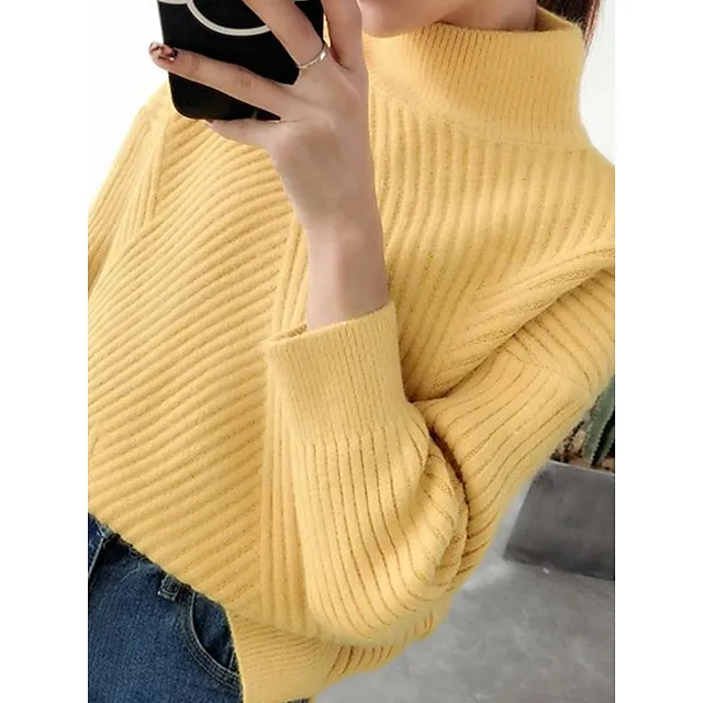 Women’s Pullover Sweater Jumper Stand Collar Ribbed Knit Spandex Yarns Patchwork Split Fall Winter Regular Outdoor Daily Going out Stylish Casual Soft Long Sleeve Solid Color Black White Yellow b8bb5698b600c97a33a012b4adfea214