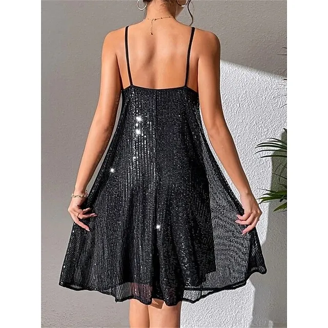 Women‘s Black Sequin Dress Party Dress Sparkly Dress Little Black Dress Sexy Dress Black Mini Dress Sleeveless Fall Winter Spaghetti Strap Fashion Guest Black Cocktail Dress 2fa9f3fc708e1c02ff2d2672961bcc07