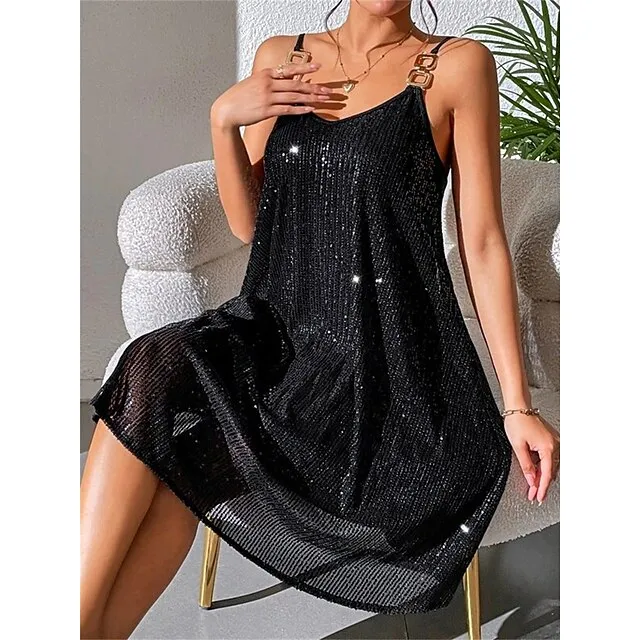 Women‘s Black Sequin Dress Party Dress Sparkly Dress Little Black Dress Sexy Dress Black Mini Dress Sleeveless Fall Winter Spaghetti Strap Fashion Guest Black Cocktail Dress 41abb9bae610b4507fa3deeef647b9de