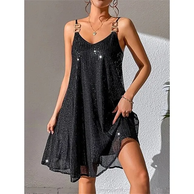 Women‘s Black Sequin Dress Party Dress Sparkly Dress Little Black Dress Sexy Dress Black Mini Dress Sleeveless Fall Winter Spaghetti Strap Fashion Guest Black Cocktail Dress