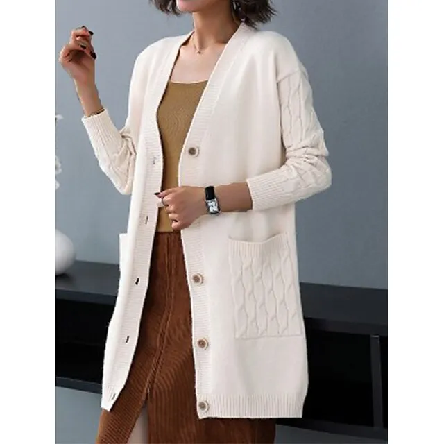 Women’s Cardigan Sweater V Neck Cable Knit Knit Spandex Yarns Button Pocket Fall Winter Long Outdoor Daily Going out Stylish Casual Soft Long Sleeve Solid Color Black Red Blue S M L 1a23d7b4fb1b0a2cc7eb61c3c91b7bcf