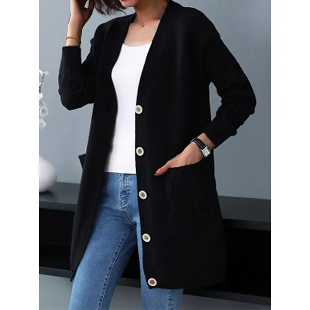 Women’s Cardigan Sweater V Neck Cable Knit Knit Spandex Yarns Button Pocket Fall Winter Long Outdoor Daily Going out Stylish Casual Soft Long Sleeve Solid Color Black Red Blue S M L a9279d37521b90a10169bd62bbe08f6a