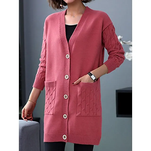 Women’s Cardigan Sweater V Neck Cable Knit Knit Spandex Yarns Button Pocket Fall Winter Long Outdoor Daily Going out Stylish Casual Soft Long Sleeve Solid Color Black Red Blue S M L dac4d087bf4a0bf4f1f17b027081d51d