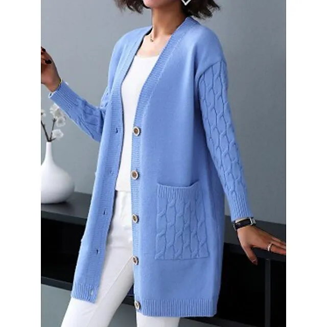Women’s Cardigan Sweater V Neck Cable Knit Knit Spandex Yarns Button Pocket Fall Winter Long Outdoor Daily Going out Stylish Casual Soft Long Sleeve Solid Color Black Red Blue S M L e63f7d4cbb319e9c35f6b28b46b3875a