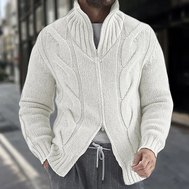 Men's Cardigan Sweater Zip Sweater Cropped Sweater Cable Knit Regular Knitted Vintage Plain Stand Collar Warm Ups Modern Contemporary Daily Wear Going out Clothing Apparel Winter Black White M L XL