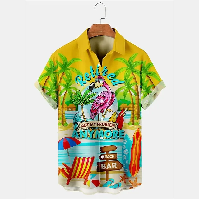 Sunflower Flamingos National Flag Hawaiian Men's Shirt Outdoor Christmas Street Fall Turndown Short Sleeve Yellow Green S M L Shirt