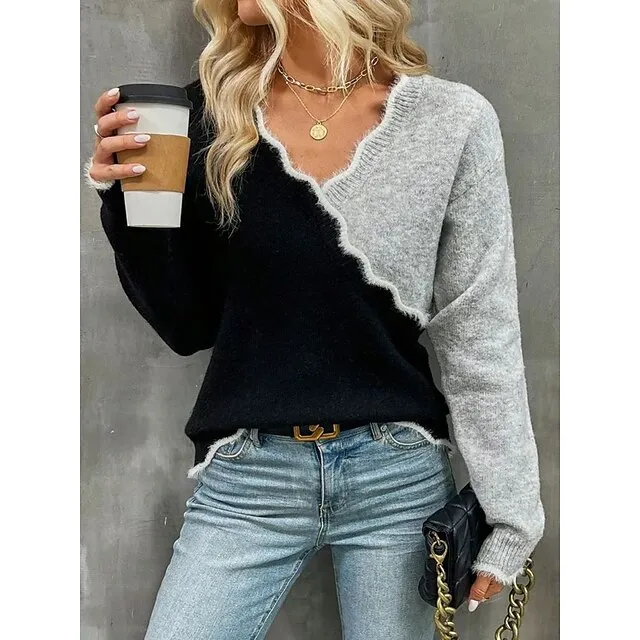 Women's Cardigan V Neck Crochet Knit Patchwork Fall Winter Regular Daily Holiday Weekend Stylish Vintage Style Long Sleeve Color Block Black S M L